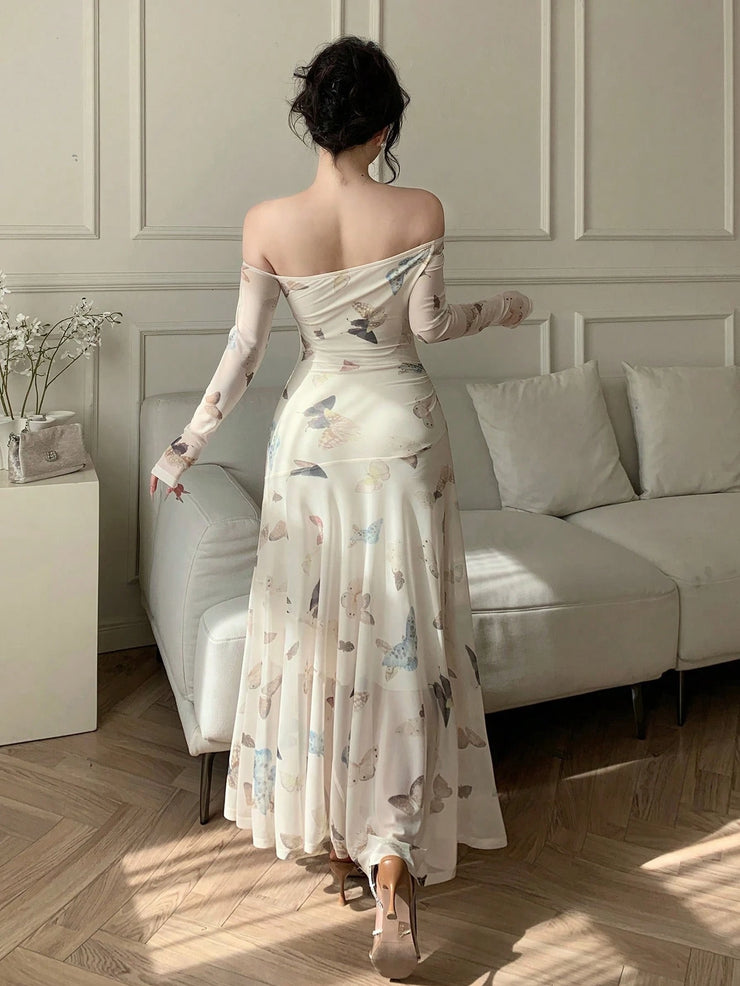 DAZY Women's Butterfly Print A-Line Midi Dress With Front Tie Up And Off Shoulder