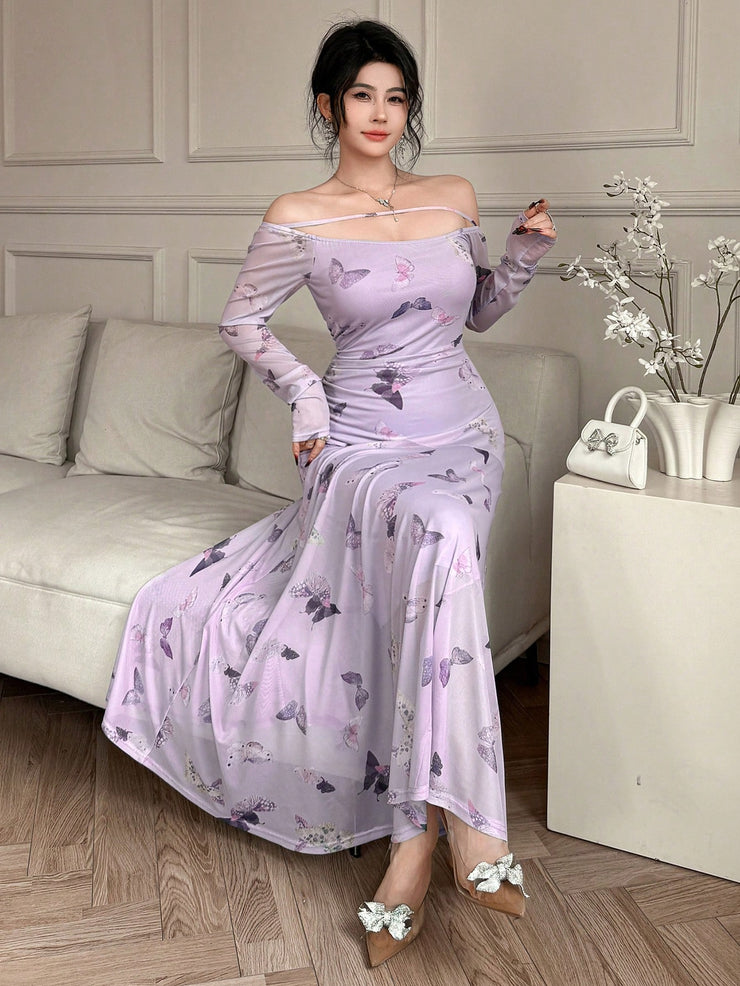 DAZY Women's Butterfly Print A-Line Midi Dress With Front Tie Up And Off Shoulder
