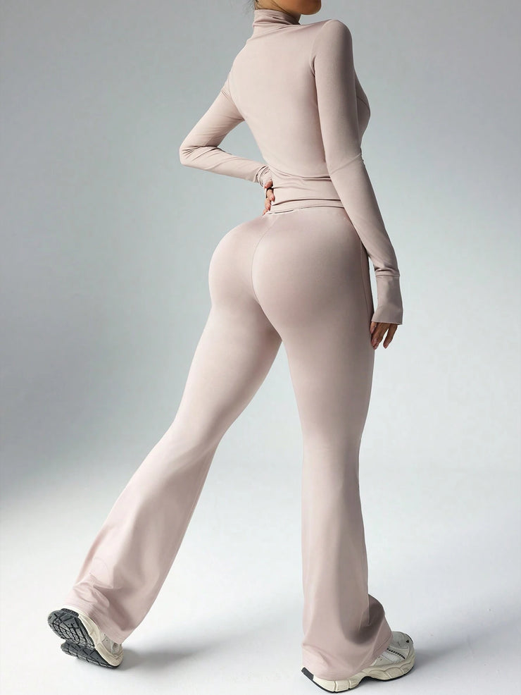 Dewbera Women's Solid Color Fitted Long Sleeve Top And Flared Pants Sportswear Set Gym Women Outfit