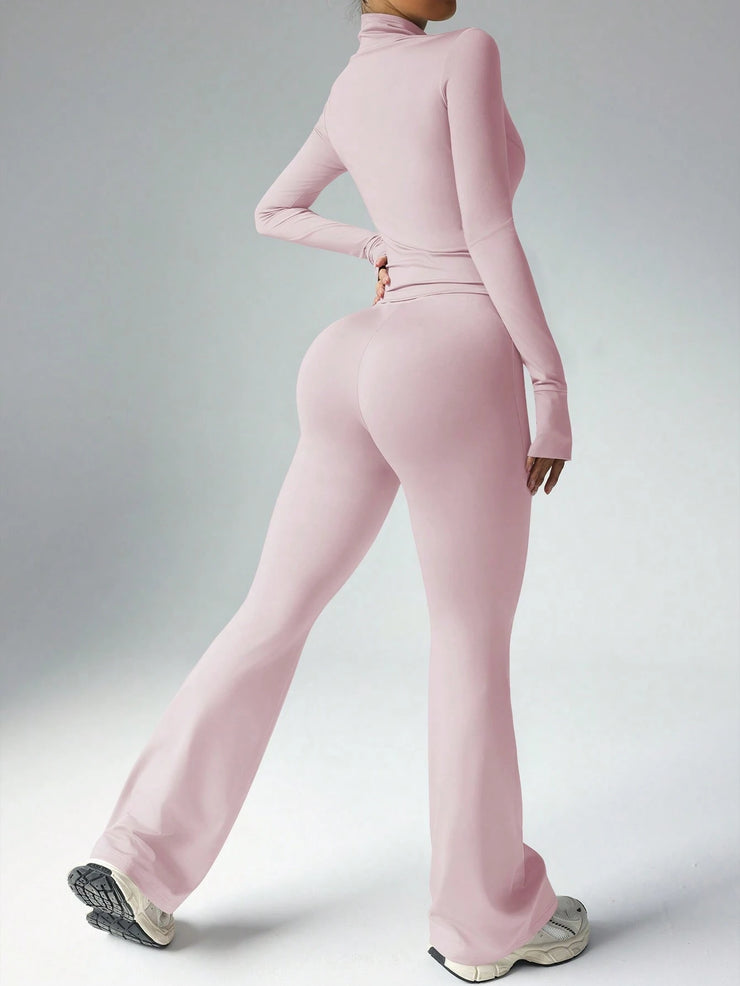 Dewbera Women's Solid Color Fitted Long Sleeve Top And Flared Pants Sportswear Set Gym Women Outfit
