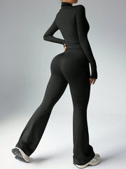 Dewbera Women's Solid Color Fitted Long Sleeve Top And Flared Pants Sportswear Set Gym Women Outfit
