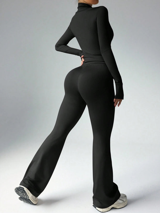 Dewbera Women's Solid Color Fitted Long Sleeve Top And Flared Pants Sportswear Set Gym Women Outfit