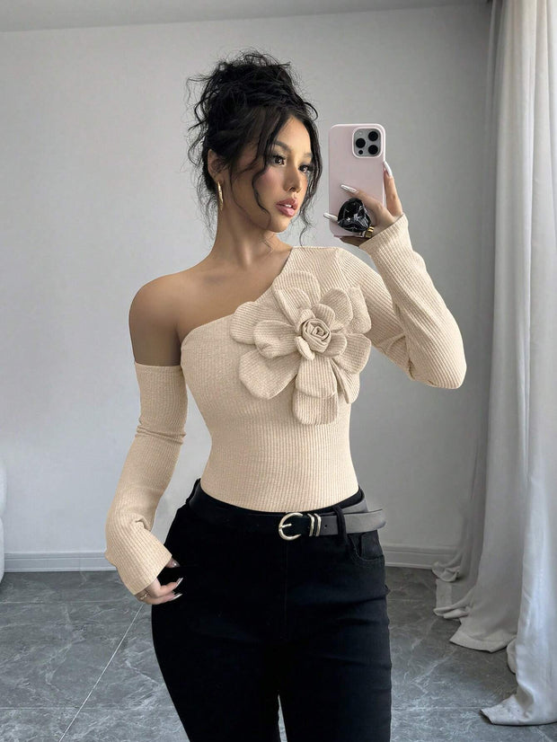 Elenzga Women's Elegant 3D Flower Decorate Oblique Shoulder Long Sleeve T-Shirt
