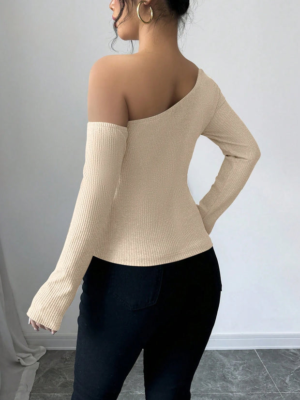 Elenzga Women's Elegant 3D Flower Decorate Oblique Shoulder Long Sleeve T-Shirt