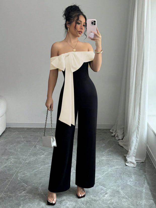 Elenzga Color Block Splicing Bowknot Off-Shoulder Elegant Romantic Women's Jumpsuit