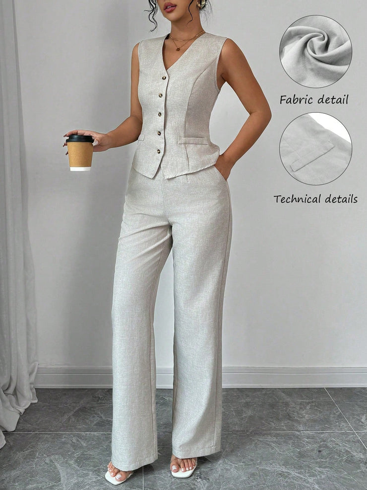 Elenzga Women Elegant Chic Commuter Casual Sleeveless V-Neck Gathered Waist Back Tie Vest & Straight Leg Pants Suit Set