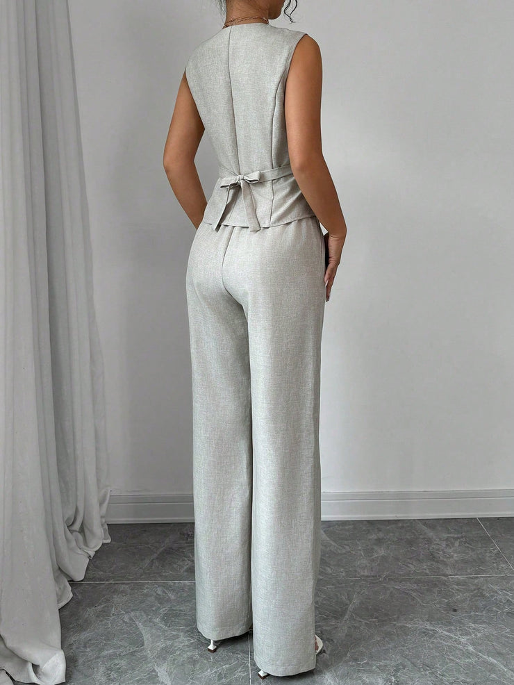Elenzga Women Elegant Chic Commuter Casual Sleeveless V-Neck Gathered Waist Back Tie Vest & Straight Leg Pants Suit Set