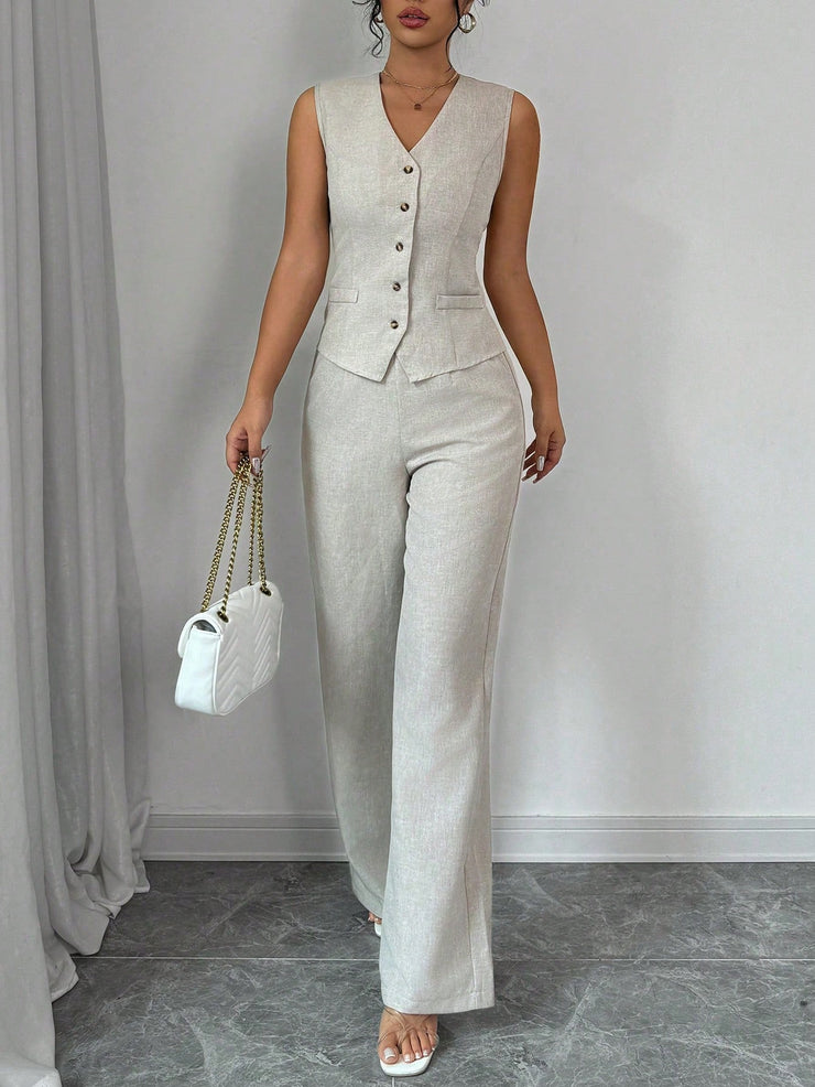 Elenzga Women Elegant Chic Commuter Casual Sleeveless V-Neck Gathered Waist Back Tie Vest & Straight Leg Pants Suit Set