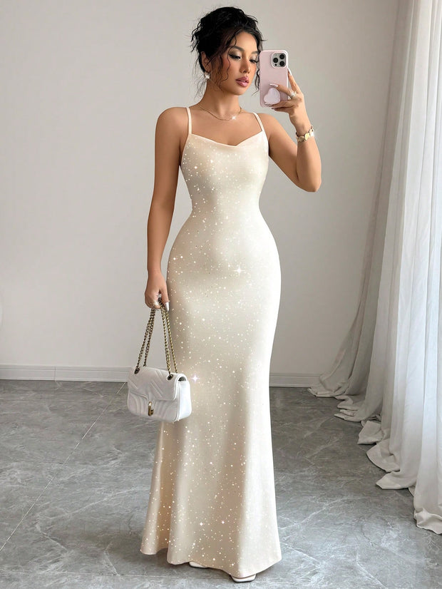 Elenzga Party Glitter Spaghetti Strap Tie-Up Design Women Dress