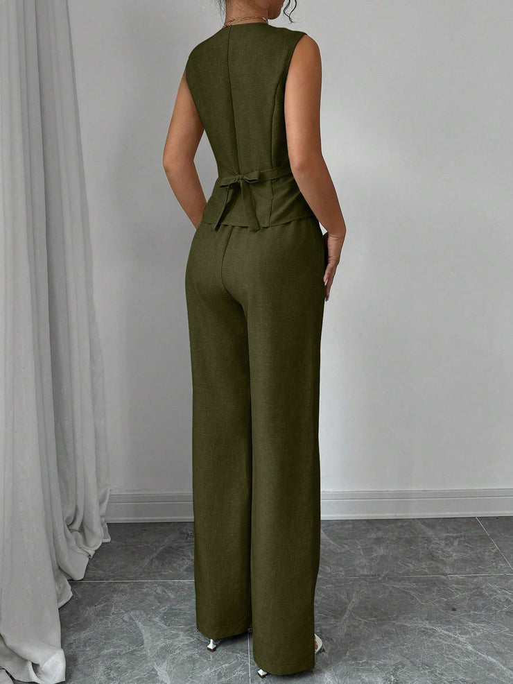 Elenzga Women Elegant Chic Commuter Casual Sleeveless V-Neck Gathered Waist Back Tie Vest & Straight Leg Pants Suit Set