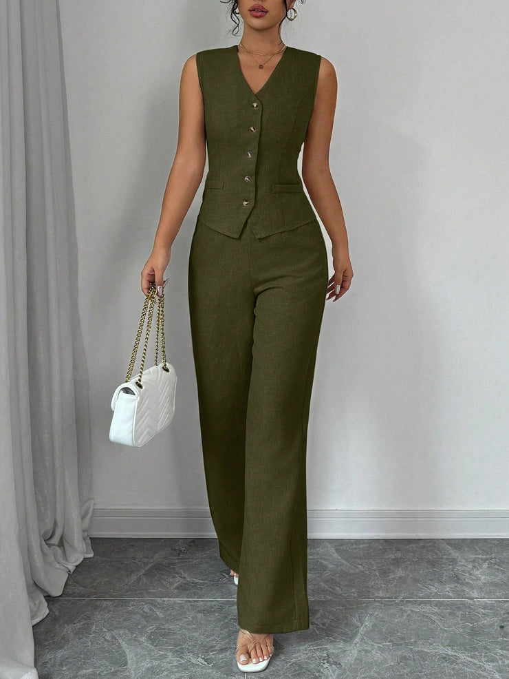 Elenzga Women Elegant Chic Commuter Casual Sleeveless V-Neck Gathered Waist Back Tie Vest & Straight Leg Pants Suit Set