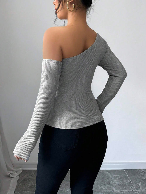 Elenzga Women's Elegant 3D Flower Decorate Oblique Shoulder Long Sleeve T-Shirt