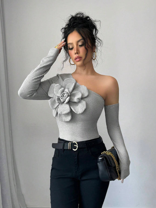 Elenzga Women's Elegant 3D Flower Decorate Oblique Shoulder Long Sleeve T-Shirt