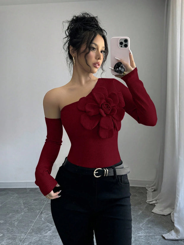 Elenzga Women's Elegant 3D Flower Decorate Oblique Shoulder Long Sleeve T-Shirt