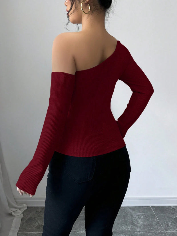 Elenzga Women's Elegant 3D Flower Decorate Oblique Shoulder Long Sleeve T-Shirt