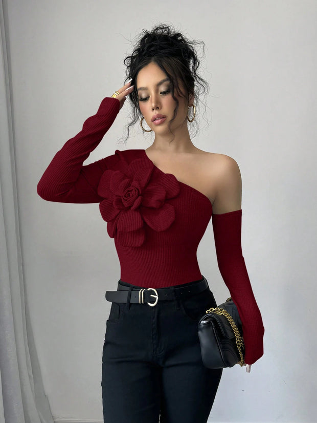 Elenzga Women's Elegant 3D Flower Decorate Oblique Shoulder Long Sleeve T-Shirt