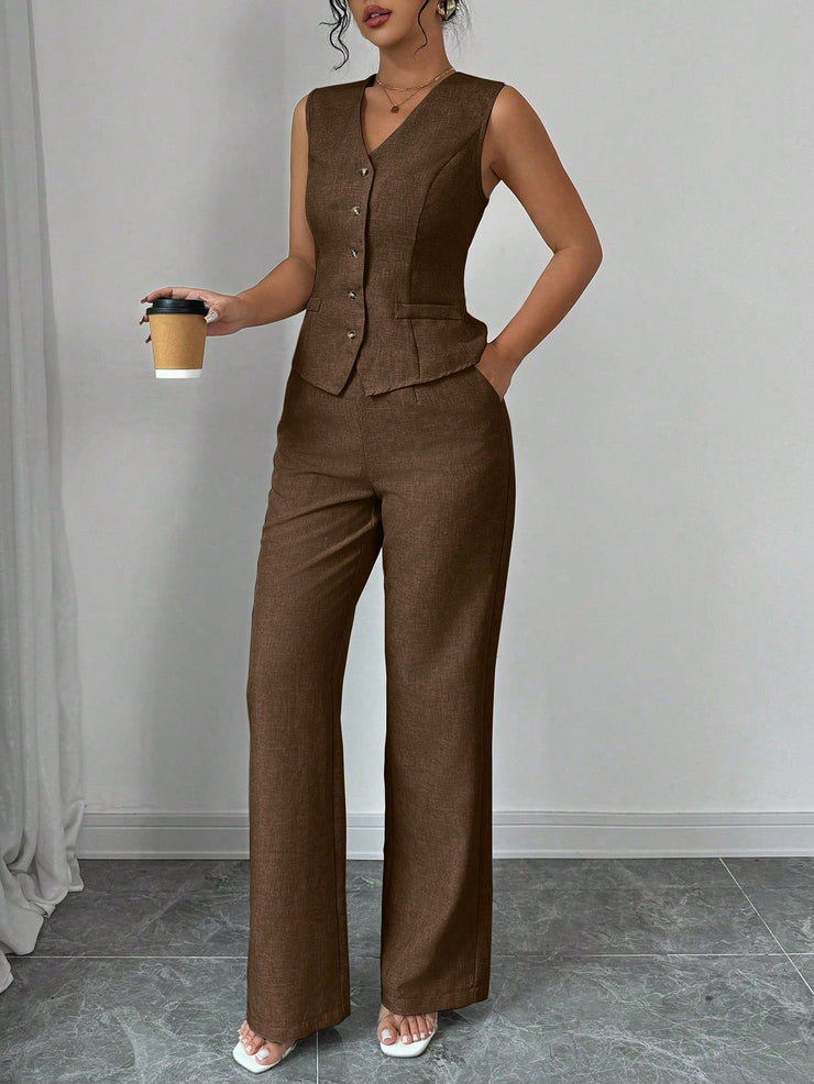 Elenzga Women Elegant Chic Commuter Casual Sleeveless V-Neck Gathered Waist Back Tie Vest & Straight Leg Pants Suit Set