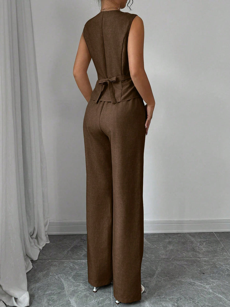 Elenzga Women Elegant Chic Commuter Casual Sleeveless V-Neck Gathered Waist Back Tie Vest & Straight Leg Pants Suit Set