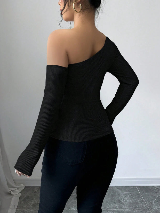 Elenzga Women's Elegant 3D Flower Decorate Oblique Shoulder Long Sleeve T-Shirt