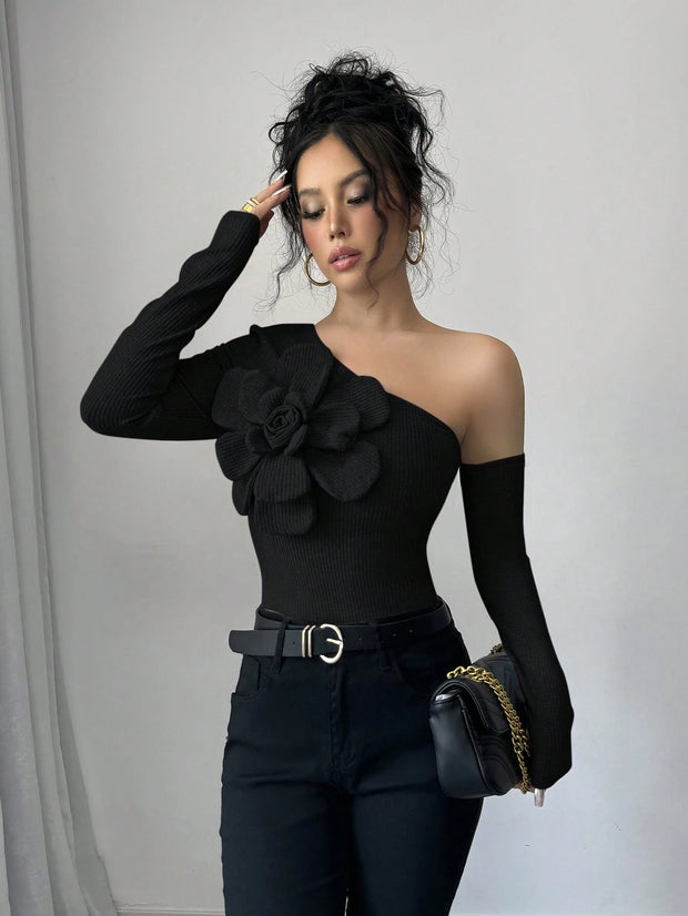 Elenzga Women's Elegant 3D Flower Decorate Oblique Shoulder Long Sleeve T-Shirt