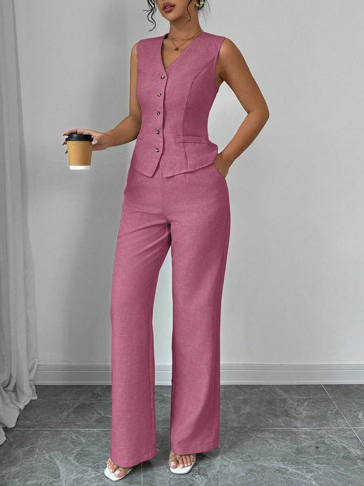 Elenzga Women Elegant Chic Commuter Casual Sleeveless V-Neck Gathered Waist Back Tie Vest & Straight Leg Pants Suit Set