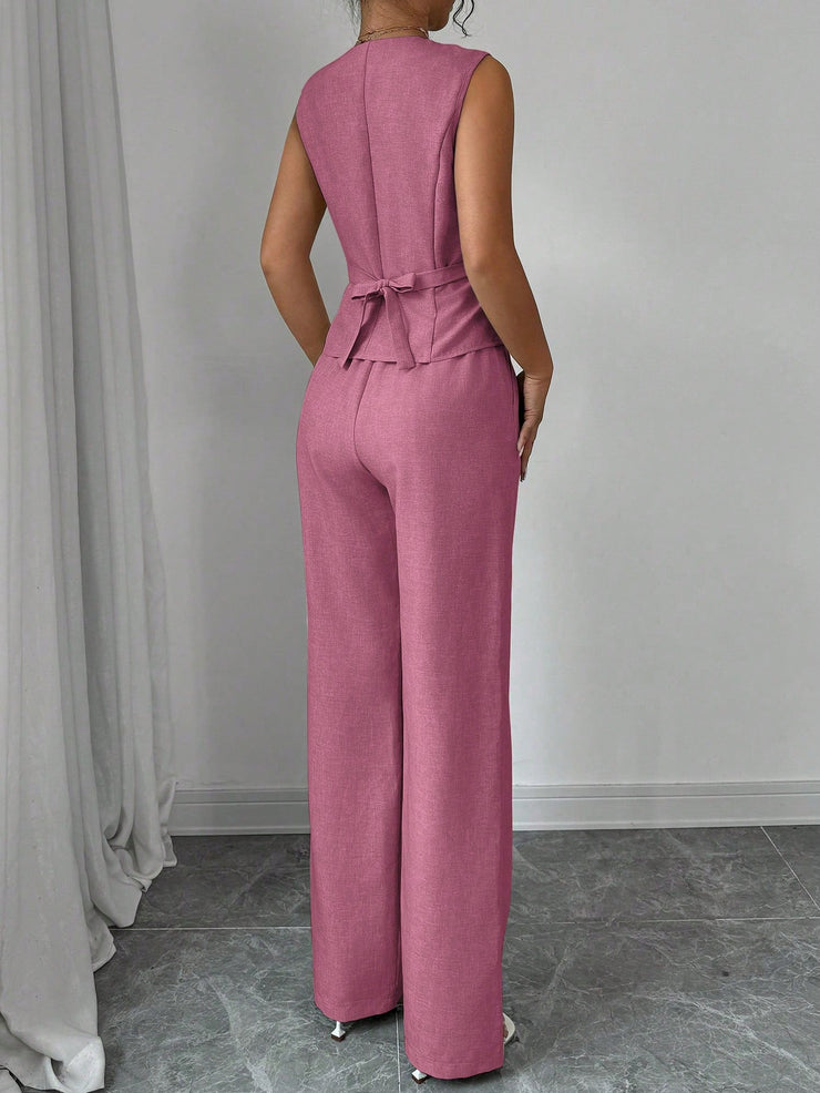 Elenzga Women Elegant Chic Commuter Casual Sleeveless V-Neck Gathered Waist Back Tie Vest & Straight Leg Pants Suit Set