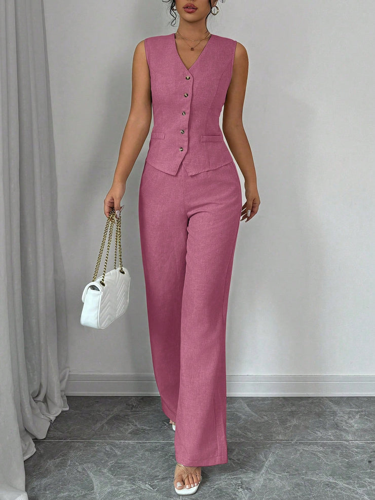 Elenzga Women Elegant Chic Commuter Casual Sleeveless V-Neck Gathered Waist Back Tie Vest & Straight Leg Pants Suit Set