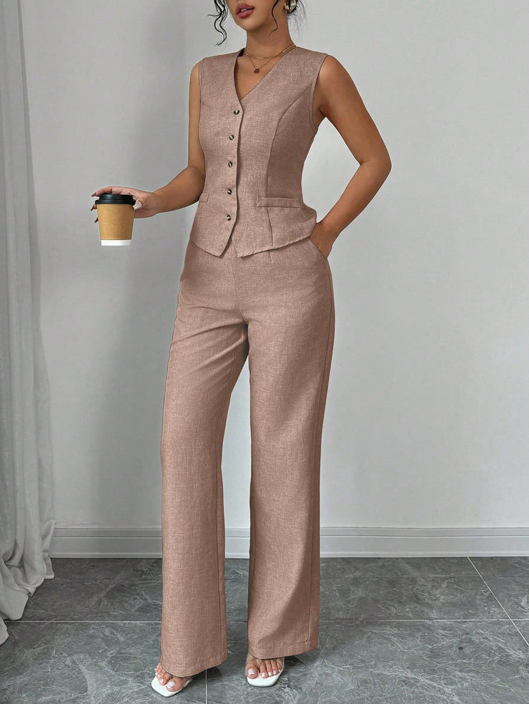 Elenzga Women Elegant Chic Commuter Casual Sleeveless V-Neck Gathered Waist Back Tie Vest & Straight Leg Pants Suit Set