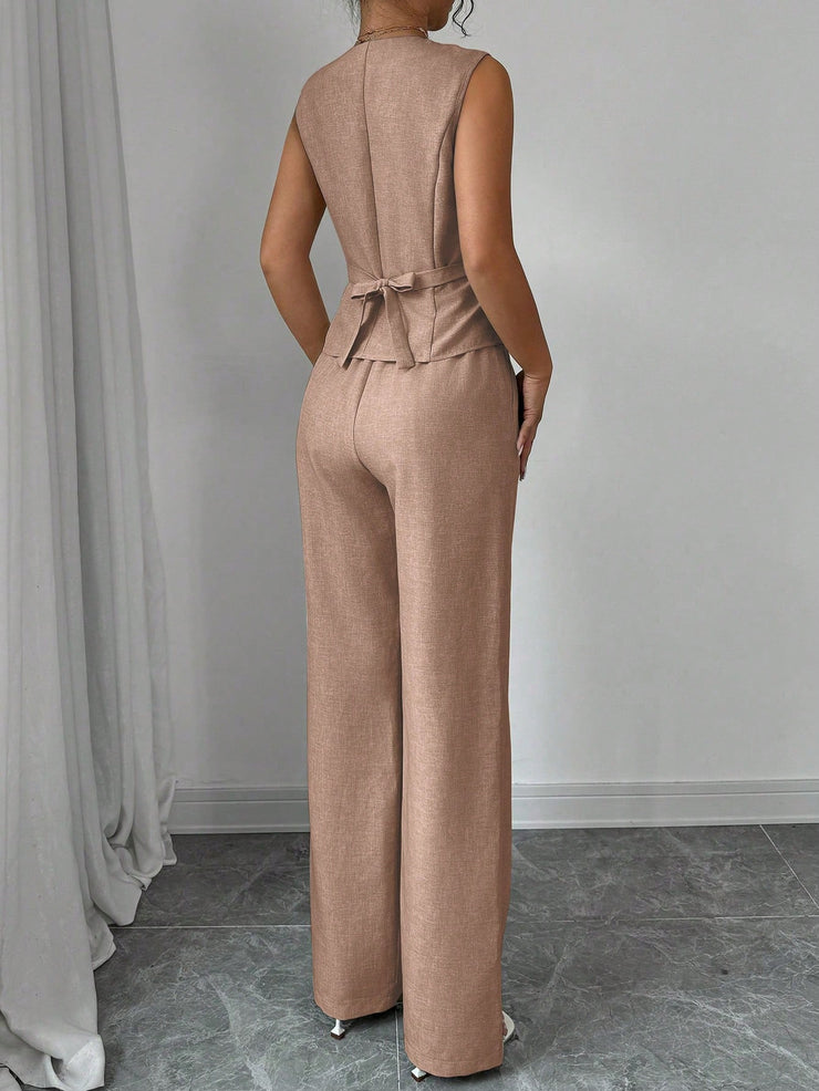 Elenzga Women Elegant Chic Commuter Casual Sleeveless V-Neck Gathered Waist Back Tie Vest & Straight Leg Pants Suit Set