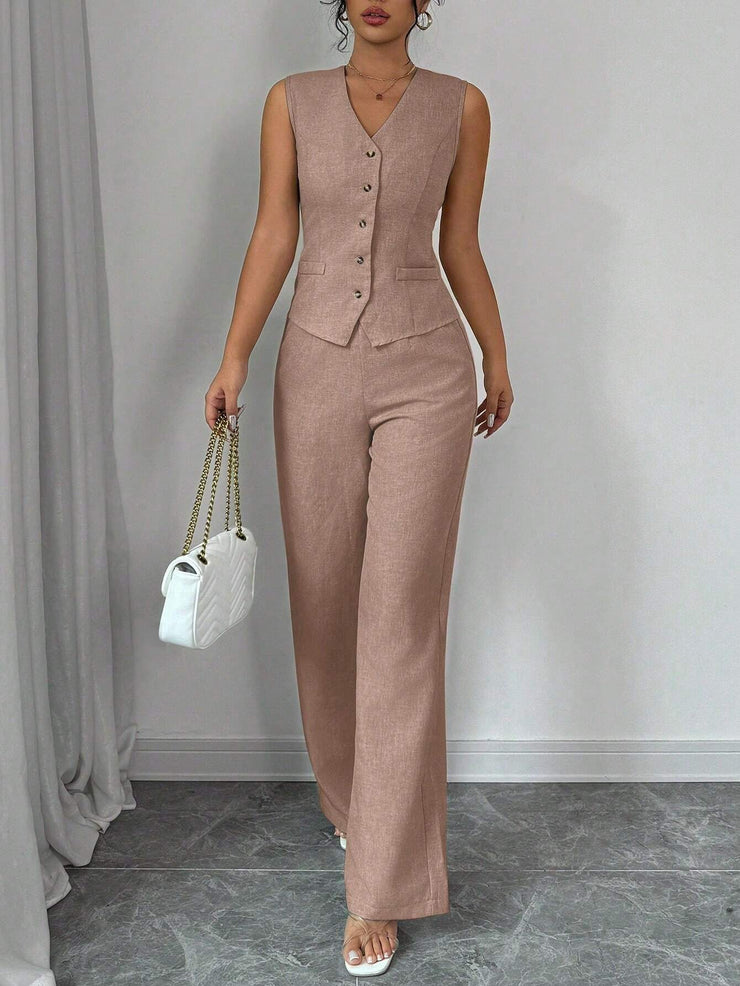 Elenzga Women Elegant Chic Commuter Casual Sleeveless V-Neck Gathered Waist Back Tie Vest & Straight Leg Pants Suit Set