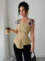 Elenzga Women's Waisted Asymmetrical Patchwork Embroidery Sheer Chiffon Peplum Top