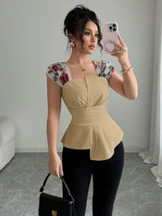 Elenzga Women's Waisted Asymmetrical Patchwork Embroidery Sheer Chiffon Peplum Top