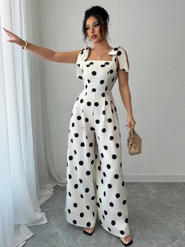 Elenzga Women's Vintage Elegant Polka Dot Print Ruffle Tie Shoulder Jumpsuit