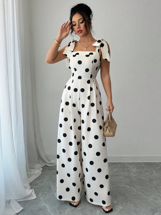 Elenzga Women's Vintage Elegant Polka Dot Print Ruffle Tie Shoulder Jumpsuit