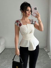 Elenzga Women's Waisted Asymmetrical Patchwork Embroidery Sheer Chiffon Peplum Top
