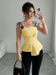 Elenzga Women's Waisted Asymmetrical Patchwork Embroidery Sheer Chiffon Peplum Top