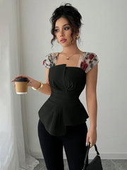 Elenzga Women's Waisted Asymmetrical Patchwork Embroidery Sheer Chiffon Peplum Top