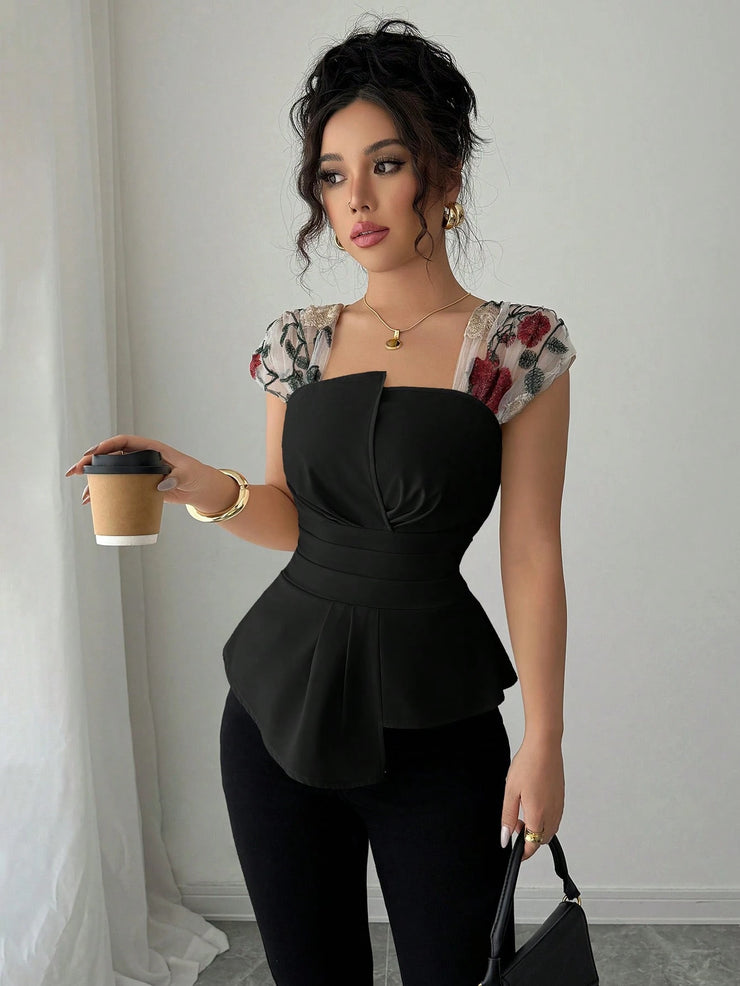 Elenzga Women's Waisted Asymmetrical Patchwork Embroidery Sheer Chiffon Peplum Top