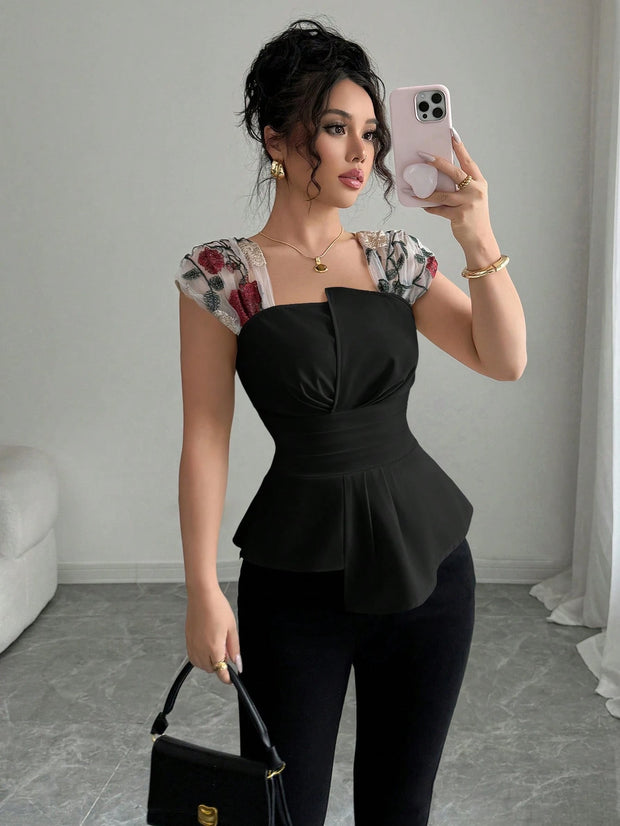 Elenzga Women's Waisted Asymmetrical Patchwork Embroidery Sheer Chiffon Peplum Top