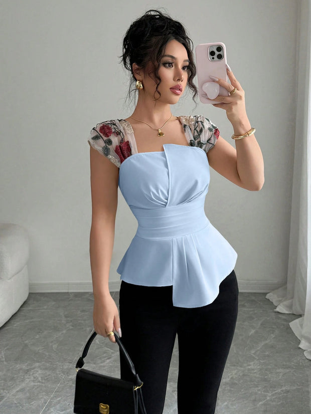 Elenzga Women's Waisted Asymmetrical Patchwork Embroidery Sheer Chiffon Peplum Top