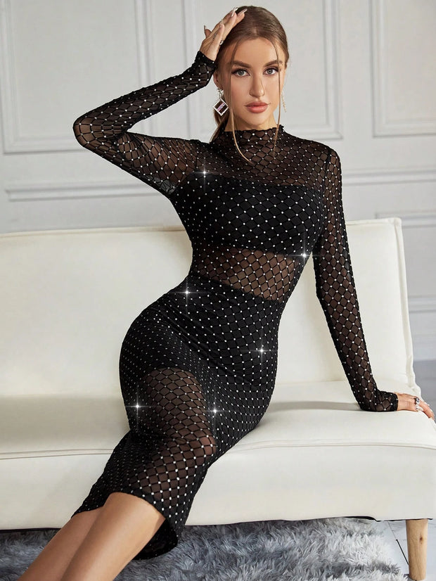 Firerie Rhinestone Studded Mesh Bodycon Dress Without Lingerie Set