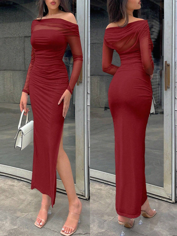 Firerie Women White Asymmetric Collar Long Sleeve Long Slit Dress