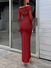 Firerie Women White Asymmetric Collar Long Sleeve Long Slit Dress