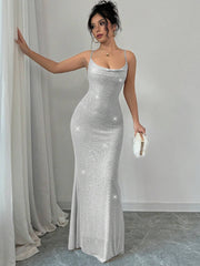 Firerie Women's Elegant Sexy Sheer Sparkling Criss-Cross Backless Bodycon Mid-Length Dress