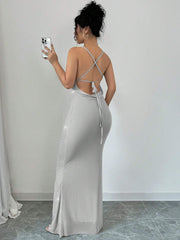 Firerie Women's Elegant Sexy Sheer Sparkling Criss-Cross Backless Bodycon Mid-Length Dress