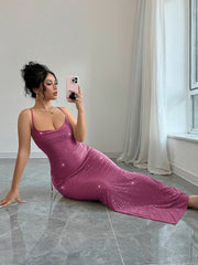 Firerie Women's Elegant Sexy Sheer Sparkling Criss-Cross Backless Bodycon Mid-Length Dress