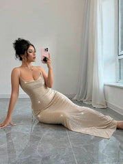 Firerie Women's Elegant Sexy Sheer Sparkling Criss-Cross Backless Bodycon Mid-Length Dress