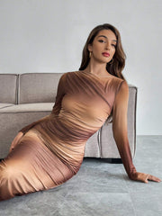 Firerie Women's Elegant Mesh Gathering Long Sleeve Dress