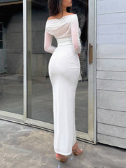 Firerie Women White Asymmetric Collar Long Sleeve Long Slit Dress