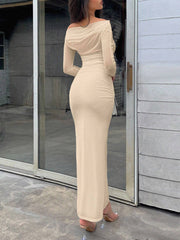 Firerie Women White Asymmetric Collar Long Sleeve Long Slit Dress